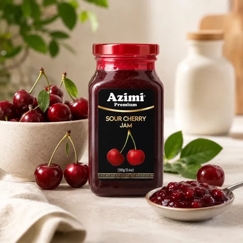 azimi-premium-sour-cherry-jam-serving Azimi Premium sour cherry jam served with fresh cherries