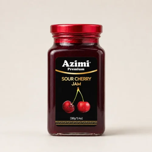azimi-premium-sour-cherry-jam-studio-jar Azimi Premium sour cherry jam jar in a studio setting
