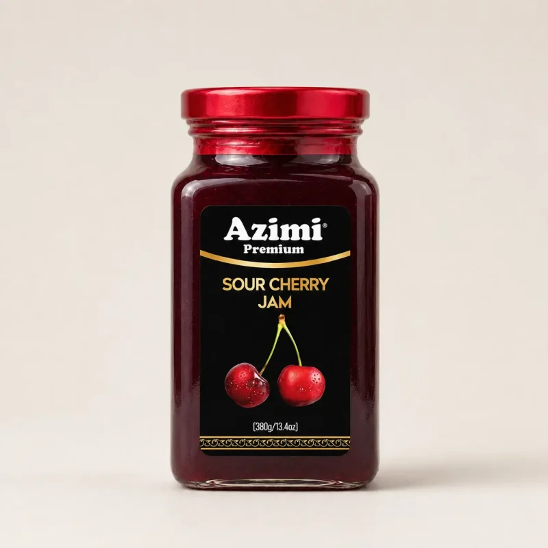 azimi-premium-sour-cherry-jam-studio-jar Azimi Premium sour cherry jam jar in a studio setting
