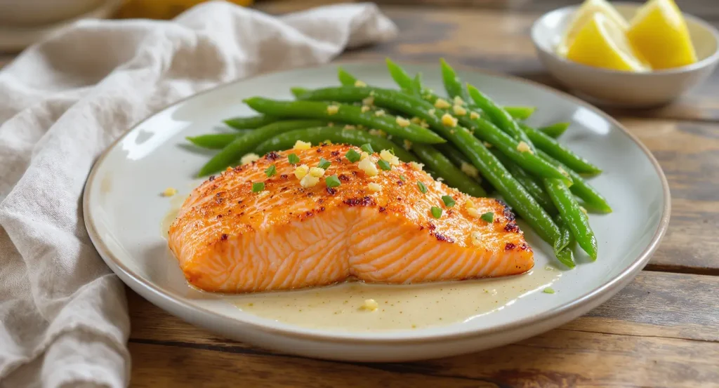 Fully baked salmon fillets with garlic sautéed green beans and lemon wedges on a white ceramic plate.