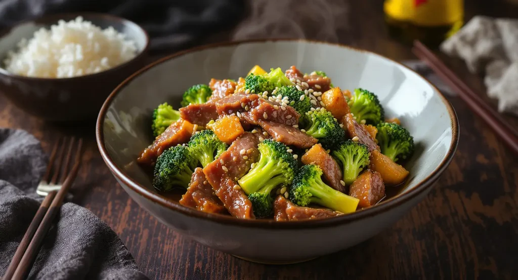 Beef and broccoli stir-fry served in a bowl with glossy soy sauce, bright broccoli, sesame seeds, and a side of steamed rice with chopsticks on a dark wooden table.