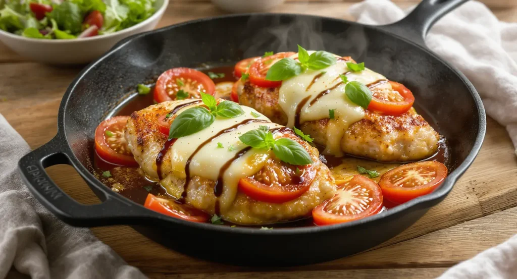 Juicy Caprese chicken in a black cast-iron skillet with slightly melted mozzarella, fresh tomato slices, basil leaves, and balsamic glaze, on a rustic wooden table with natural textures.