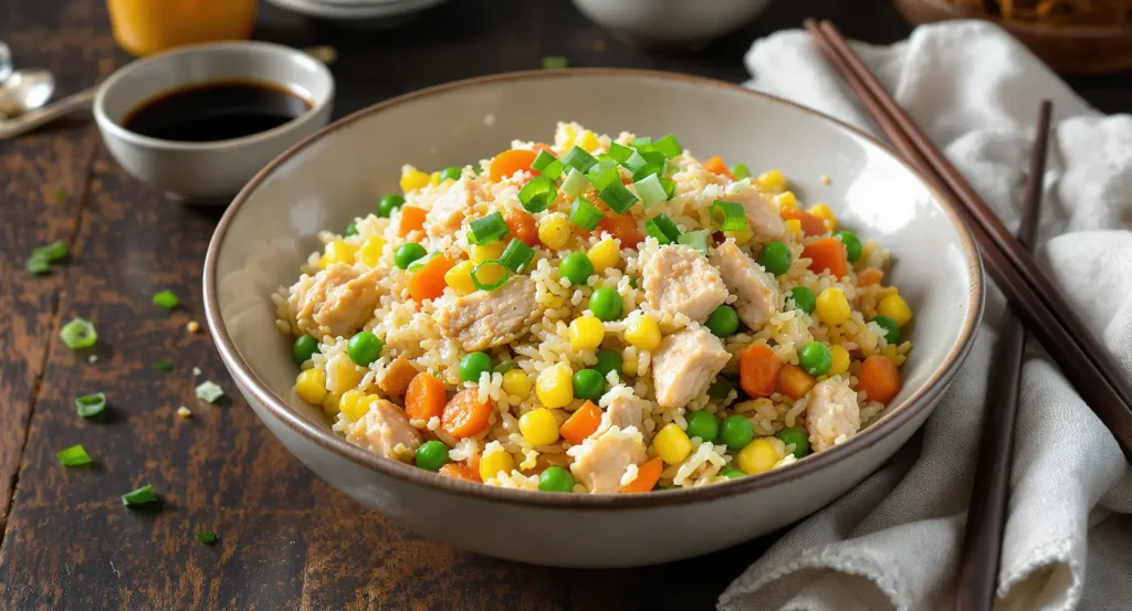 Chicken fried rice with diced chicken, peas, carrots, corn, scrambled eggs, and green onions in a ceramic bowl, with chopsticks and a small bowl of soy sauce on a dark wooden table.