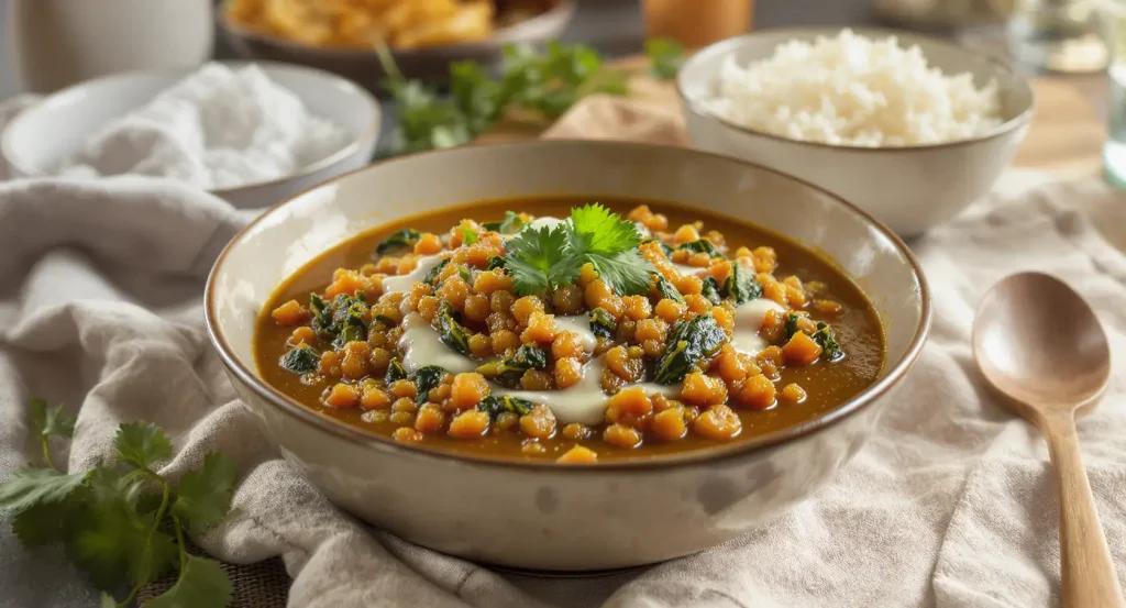 Lentil and spinach curry garnished with coconut milk and cilantro in a ceramic bowl, served with a side of steamed rice and a wooden spoon on a light linen placemat.