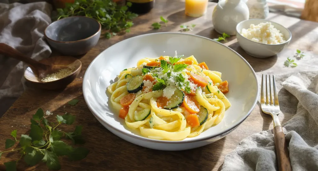 Creamy one-pot pasta primavera served in a white bowl with zucchini, carrots, and bell peppers, topped with parmesan cheese and fresh herbs on a rustic wooden table.
