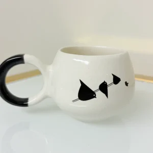 Set of 2 Ceramic Coffee Cups With Saucers Modern Designs 7 fl oz