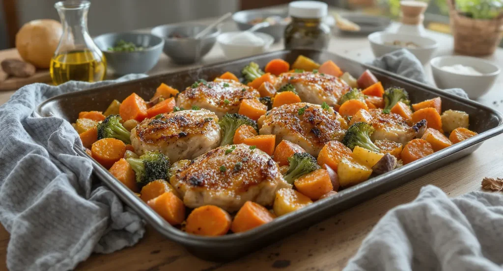 Sheet pan chicken thighs with roasted broccoli, carrots, and potatoes on a rustic wooden table, ready to serve.
