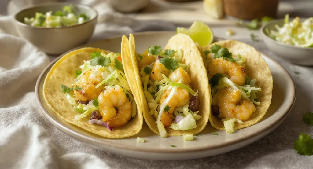 Three shrimp tacos with sautéed shrimp, shredded cabbage slaw, and cilantro on a ceramic plate, with lime wedges and extra slaw nearby.