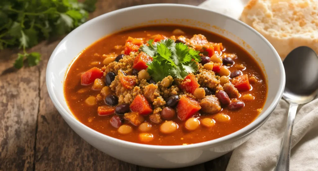 Bowl of turkey chili with kidney beans, black beans, diced tomatoes, and ground turkey, garnished with cilantro, on a rustic wooden table with a spoon beside it.