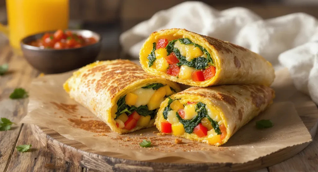 Veggie omelet wraps with bell peppers, spinach, and melted cheese, sliced and served on a rustic wooden table with a small bowl of salsa.
