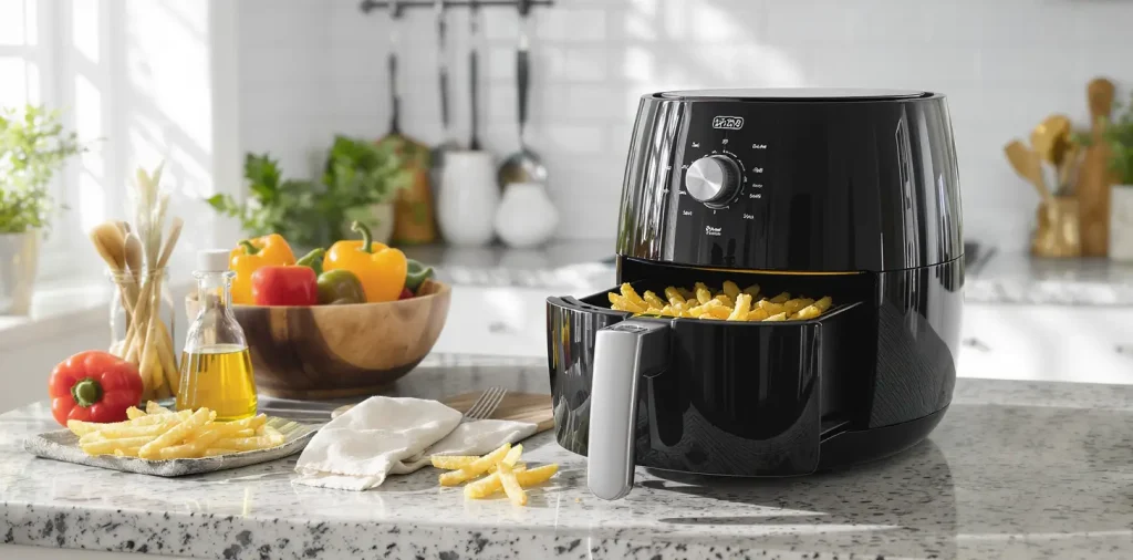 Air fryer with crispy fries on a kitchen counter in a bright home kitchen.