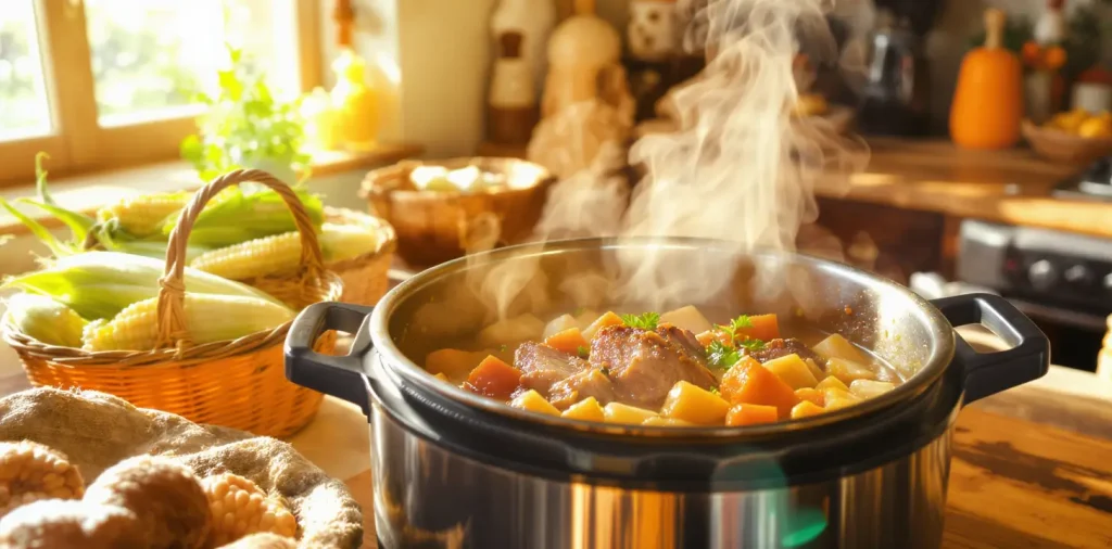 Instant Pot making a hearty stew with vegetables on a home kitchen counter.