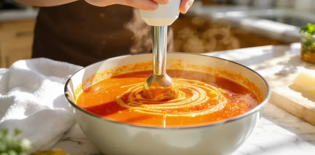 Person blending creamy soup with an immersion blender in a home kitchen.