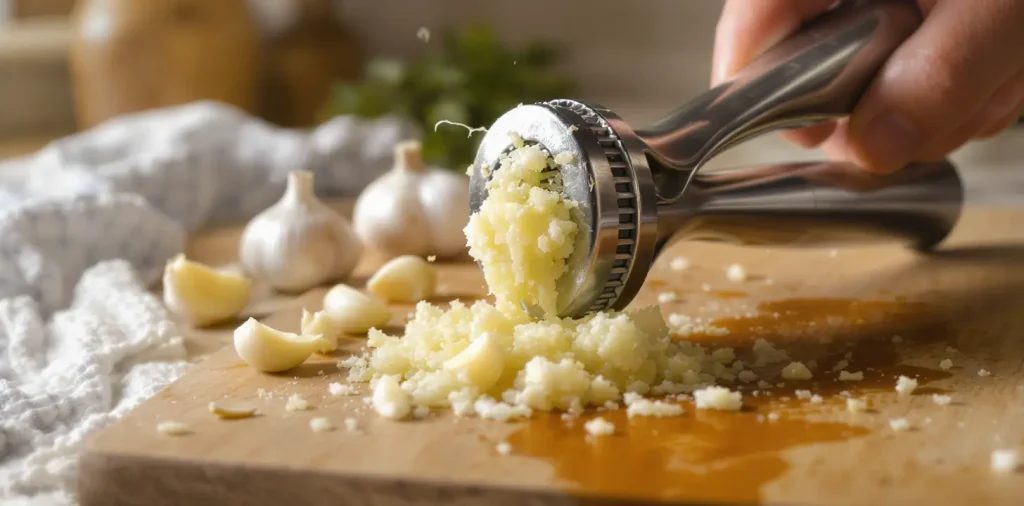 Garlic press squeezing fresh garlic on a wooden cutting board.