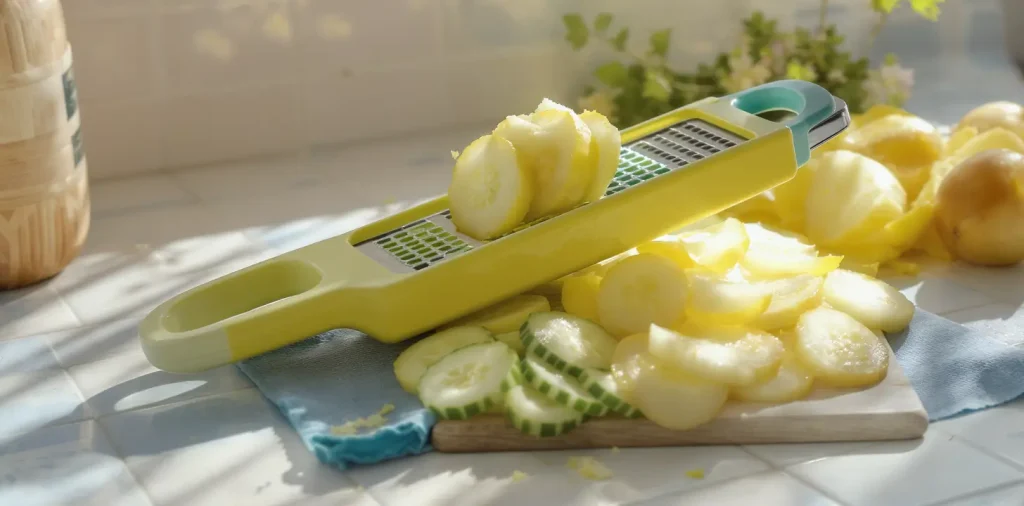 Mandoline slicer with evenly sliced cucumbers and potatoes on a kitchen counter.
