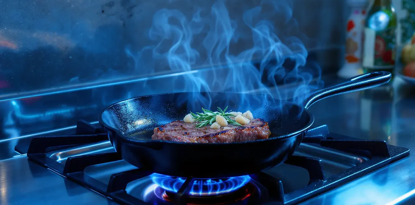 Cast iron skillet searing steak with herbs on a stovetop in a rustic kitchen.