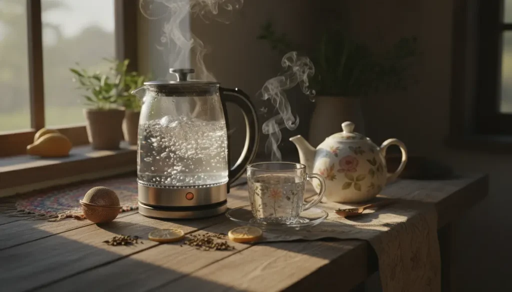 Electric kettle boiling water with a cup of tea on a wooden counter.