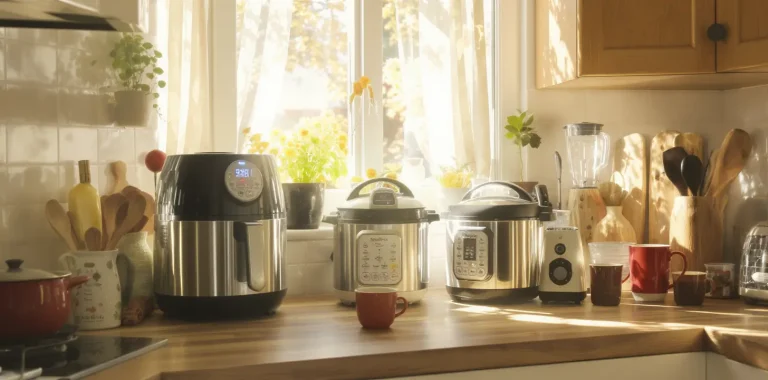 Cozy sunlit kitchen with modern gadgets like air fryer, Instant Pot, and blender on a wooden countertop.