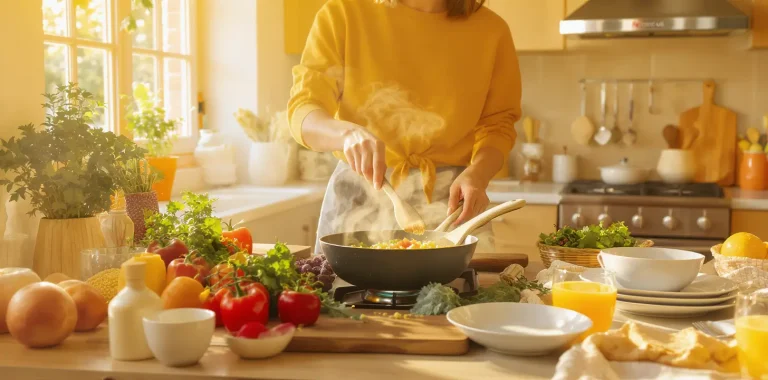Modern kitchen scene showing a person cooking easy healthy meals at home with fresh ingredients and stylish cookware. - Easy Healthy Meals to Cook at Home