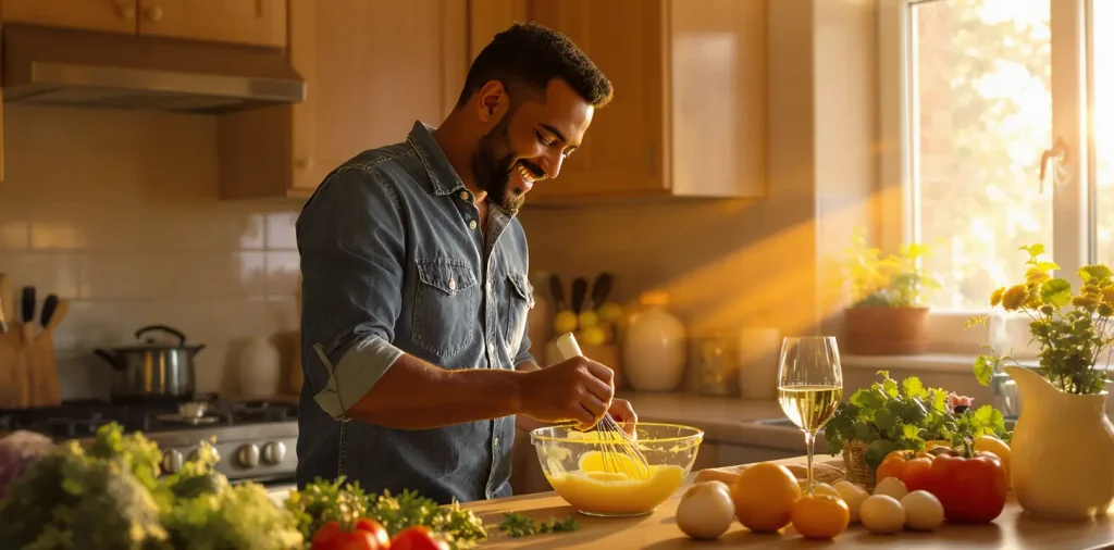Cozy home kitchen scene showing self-care through cooking at home.  - Easy Healthy Meals to Cook at Home