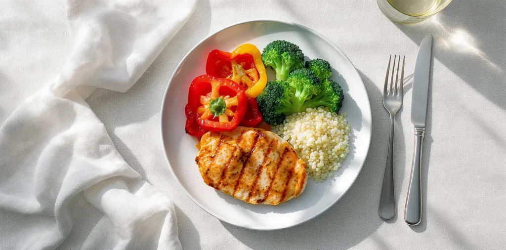 Balanced healthy meal plate with protein, vegetables, and whole grains.