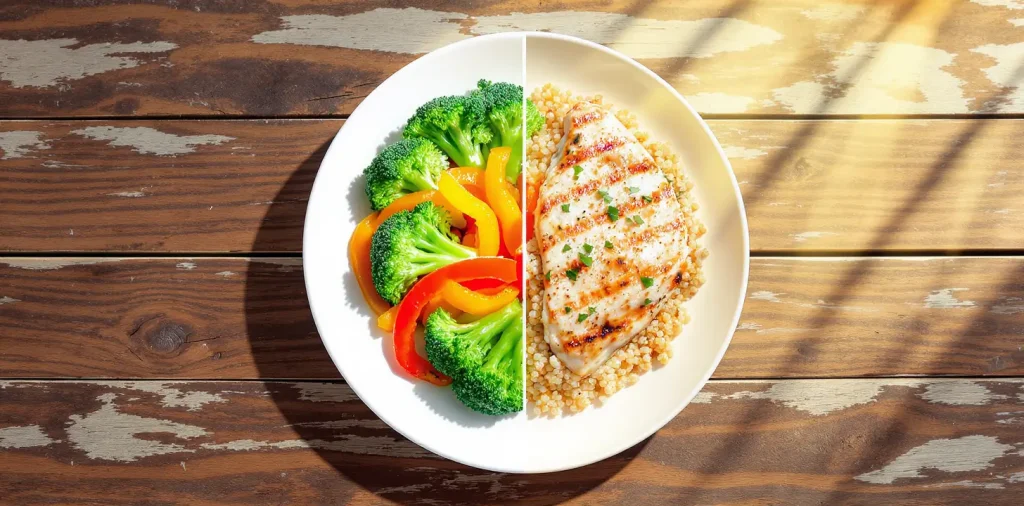 Healthy plate ratio of veggies, protein, and grains.