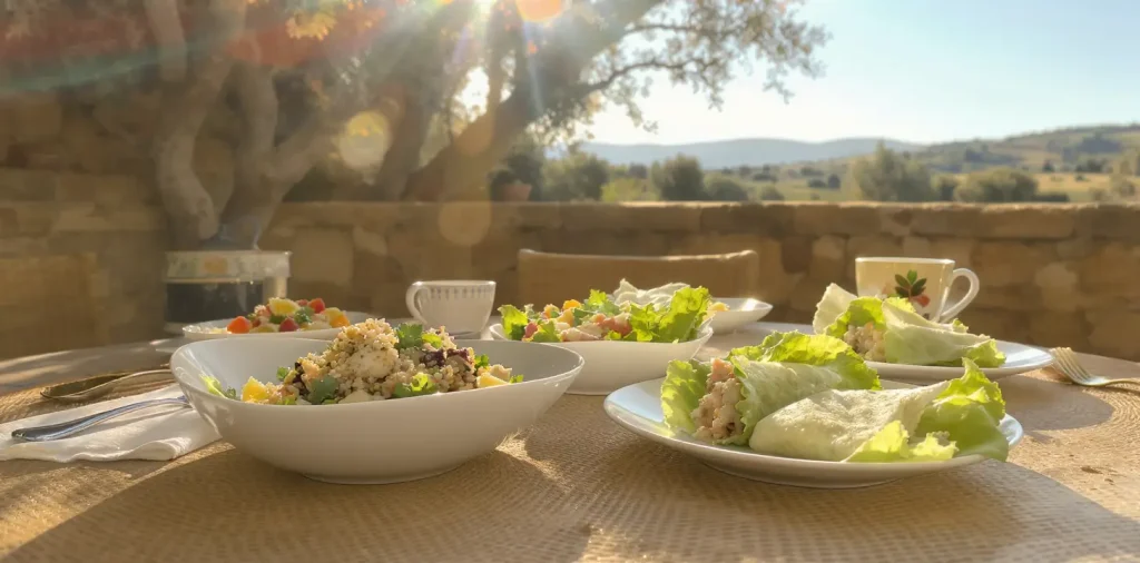 Healthy lunch options like quinoa salad and lemon chicken.