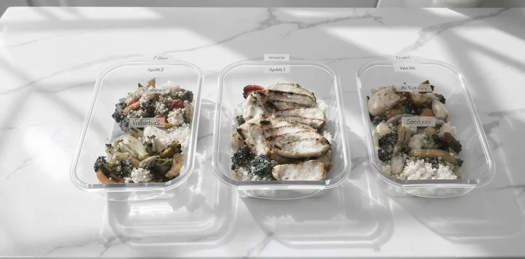 Weekly meal prep containers with healthy home-cooked food.