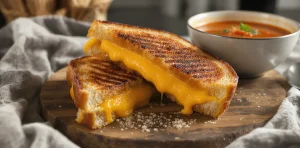 Golden grilled cheese sandwich with melted cheese stretch beside a bowl of tomato soup on a wooden board. How to Make the Ultimate Grilled Cheese Sandwich.