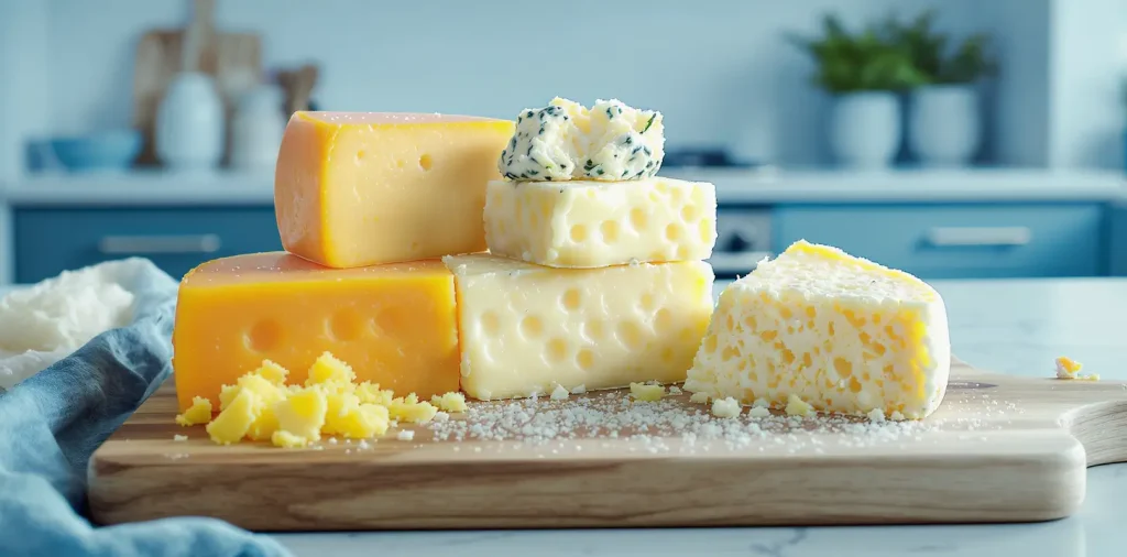 A mix of shredded cheddar, mozzarella, and Gruyère cheese on a wooden surface.