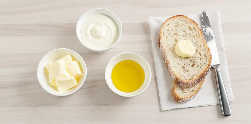 Butter, mayo, and olive oil arranged beside a buttered bread slice for grilled cheese preparation.