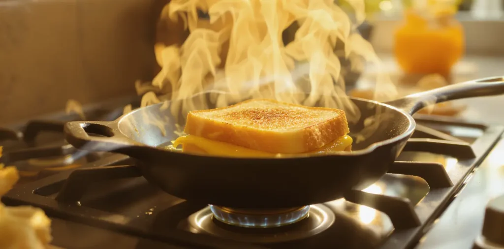 Grilled cheese sandwich cooking in a skillet with melted butter and golden crust forming.