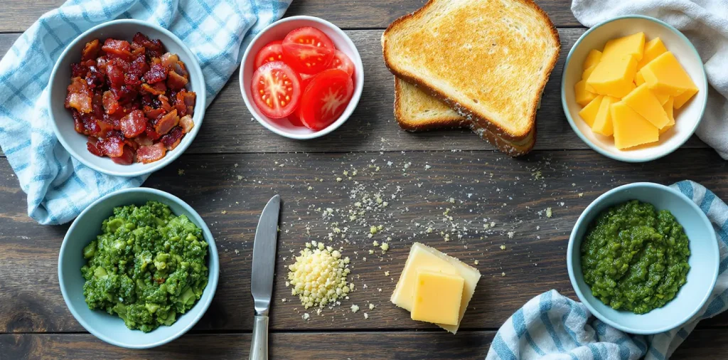 Assorted grilled cheese add-ins like bacon, tomato, avocado, and caramelized onions on a prep board.