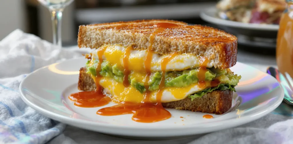 Breakfast grilled cheese sandwich with egg, avocado, and melted cheddar.