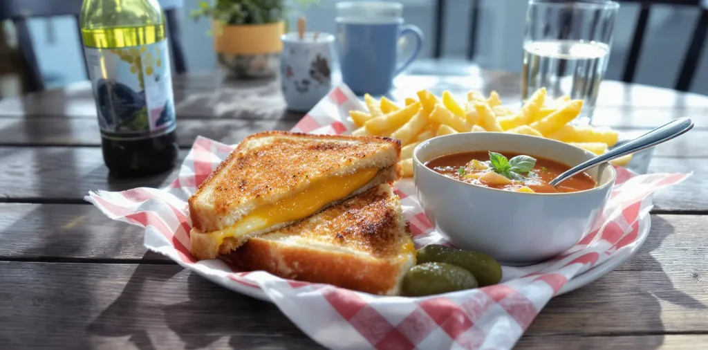 Grilled cheese sandwich paired with tomato soup, fries, and pickles on a rustic table.