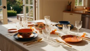 A bright dining table styled with mixed ceramic plates, patterned bowls, and glassware in various colors, representing creative mix and match dinnerware ideas in a modern Bay Area kitchen. - Mix and Match Dinnerware Ideas