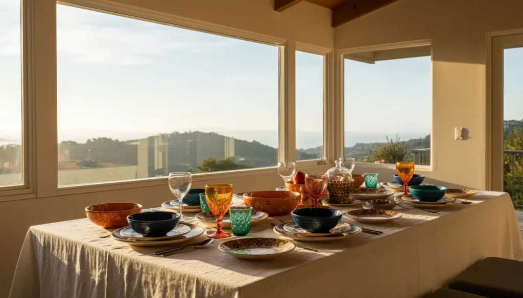 A sunlit dining setup featuring a variety of dinnerware styles and colors arranged neatly on a wooden table, showcasing the art of mixing and matching plates and bowls.