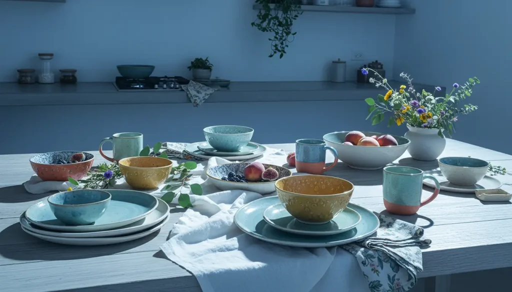 Flat-lay of mixed stoneware, ceramic, and glass dinnerware pieces styled with linen napkins and brass cutlery, demonstrating texture and material contrast.