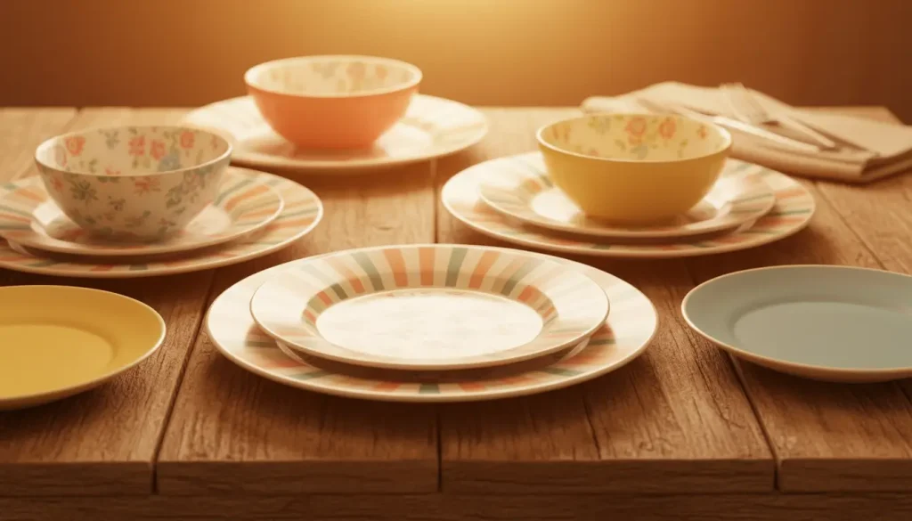 Minimalist Bay Area-style dining table featuring neutral ceramic plates, simple bowls, and greenery accents in a bright modern interior.