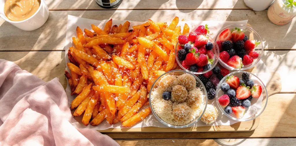 Healthy snacks such as air-fried sweet potato fries and energy balls.