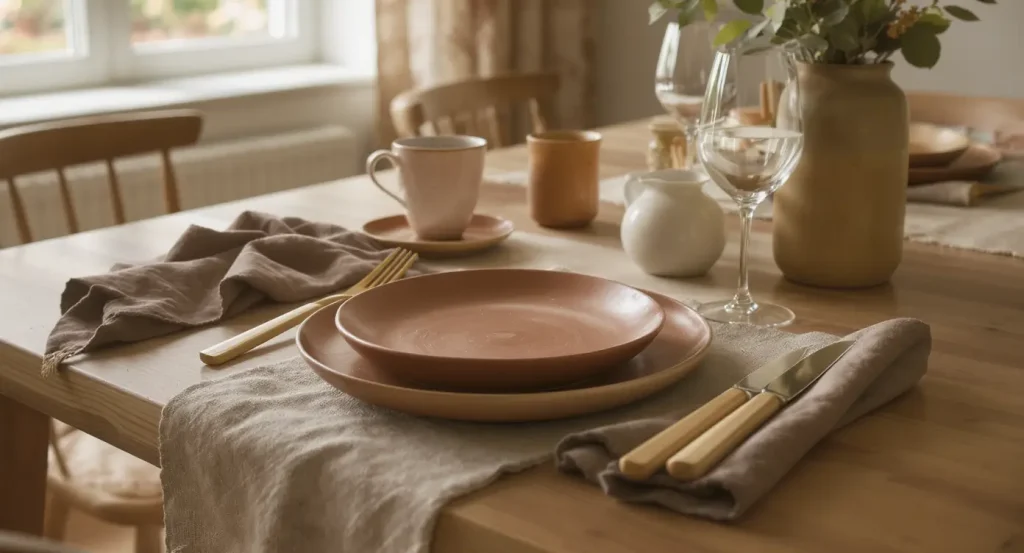 Eco-friendly ceramic plates and bamboo cutlery arranged on a dining table with natural linen napkins.