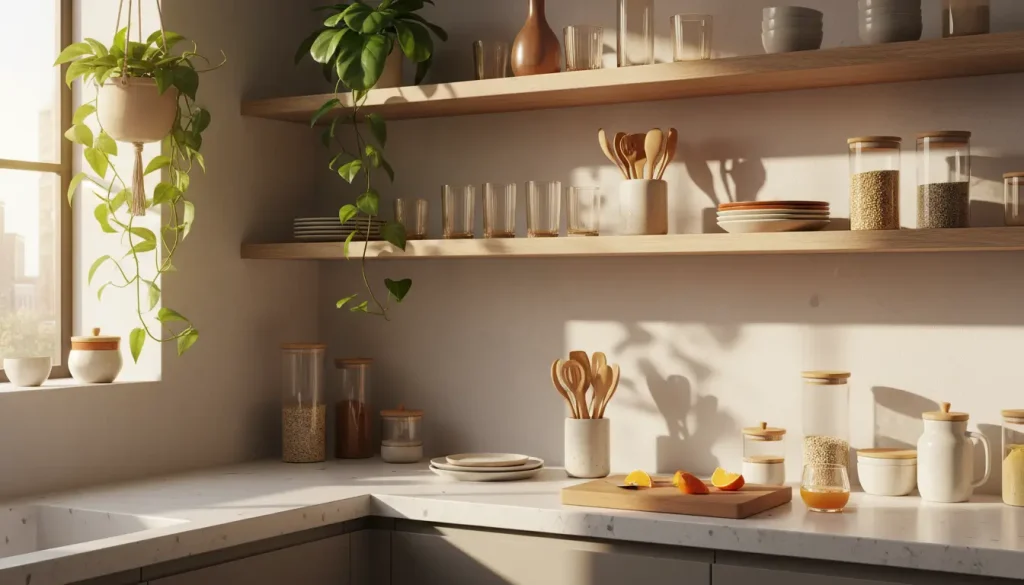 Set of recycled glass cups, jars, and bowls displayed on a wooden counter in a minimalist sustainable kitchen.