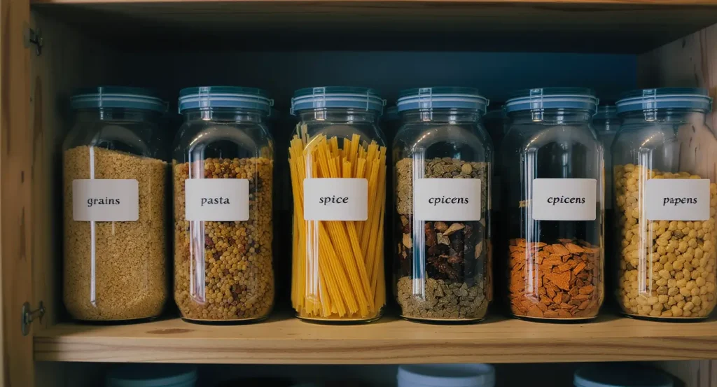 Eco-friendly glass storage jars filled with grains and spices neatly arranged in a zero-waste kitchen pantry.