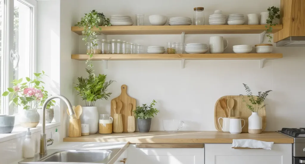 A modern sustainable kitchen with eco-friendly glassware, bamboo utensils, and ceramic dinnerware in natural light.