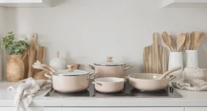 Sustainable Kitchen Products, eco-conscious kitchen interior with plants, wooden shelves, and sustainable kitchenware under daylight.