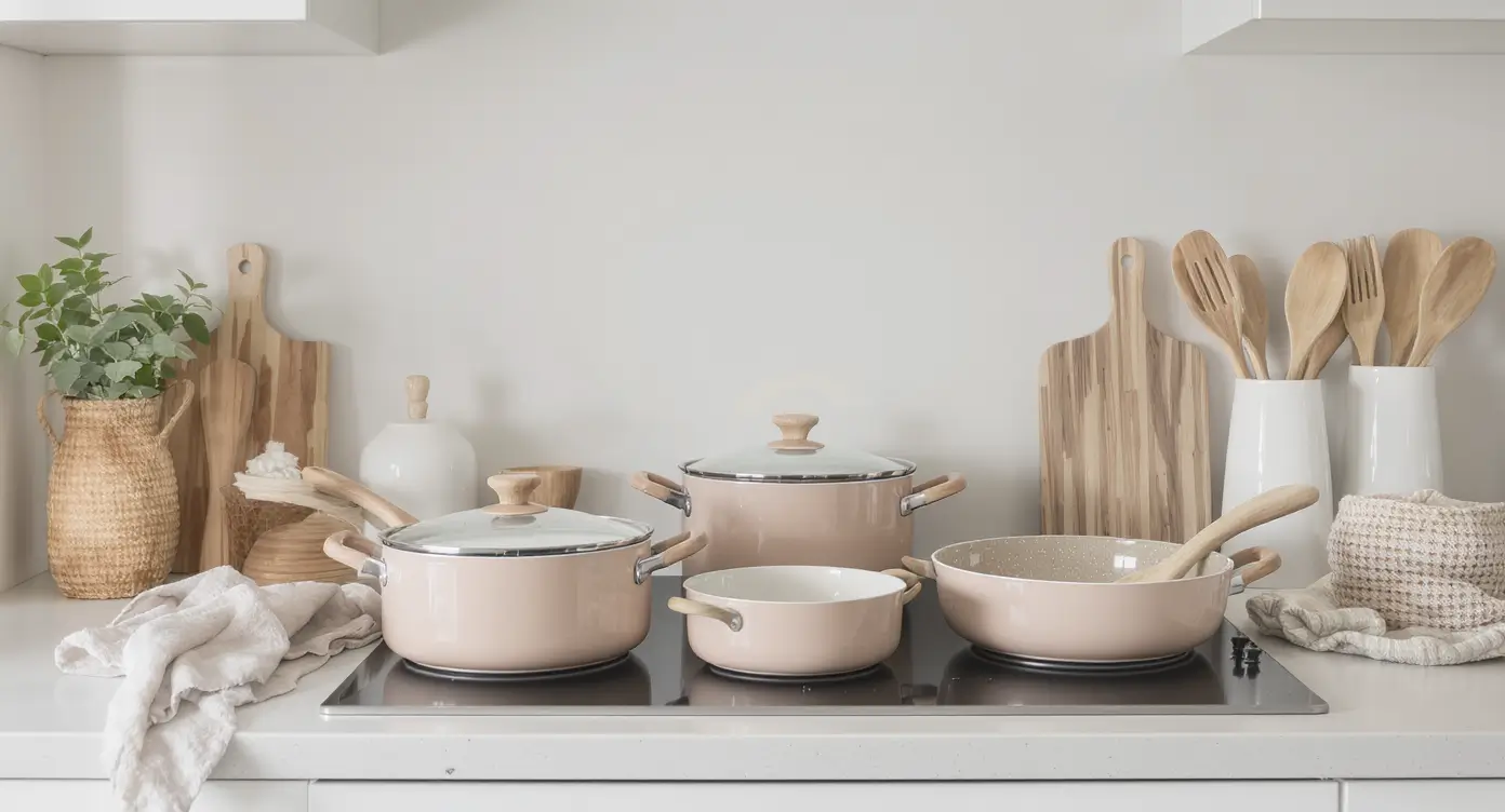 Sustainable Kitchen Products, eco-conscious kitchen interior with plants, wooden shelves, and sustainable kitchenware under daylight.