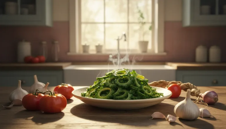 Freshly cooked bitter melon leaves served in a bowl on a rustic kitchen counter with sunlight and natural ingredients around.