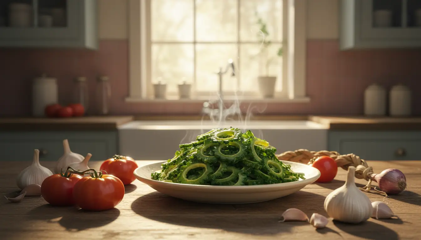 Freshly cooked bitter melon leaves served in a bowl on a rustic kitchen counter with sunlight and natural ingredients around.