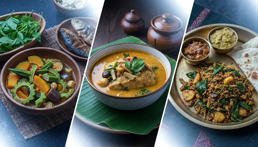 Collage showing Filipino, Thai, and Indian dishes made with bitter melon leaves.