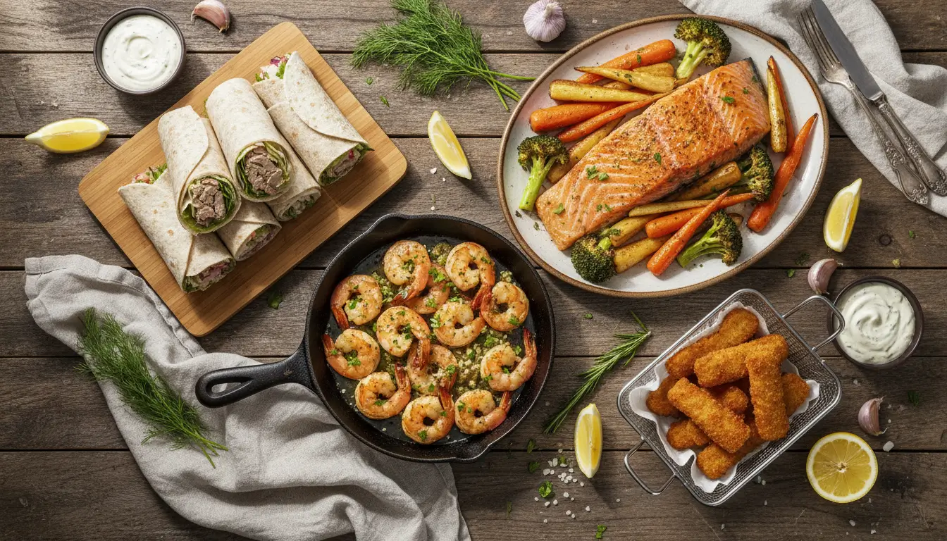 “Overhead view of a rustic wooden table with a variety of easy seafood dishes including shrimp, salmon, tuna wraps, and fish sticks.”